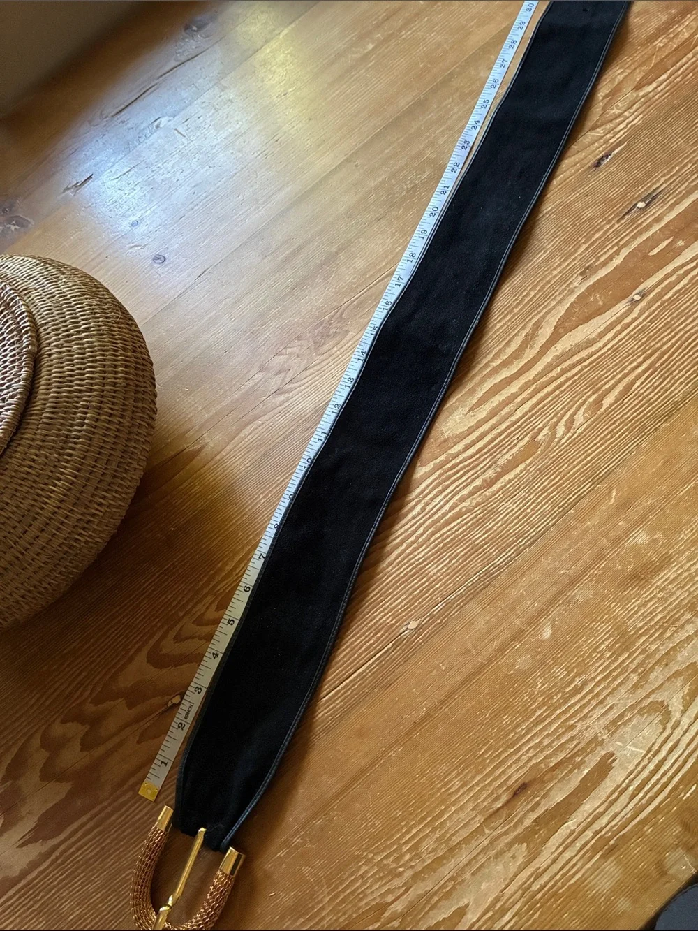 Vintage Anne Klein for Calderon Black Suede Large Gold Buckle Wide Belt